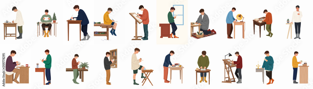 Fototapeta premium Set of illustrations featuring men engaged in various writing, letter crafting, and stationery activities in a cozy indoor setting.