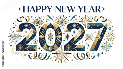 Foto Happy New Year 2027: A festive and celebratory graphic design features the year 2027 adorned with sparkling fireworks, geometric patterns, and celebratory ribbons