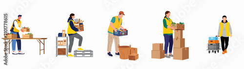 Fotografía Flat illustration of diverse volunteers in yellow vests organizing and distributing food donations, groceries, and supplies at a charity food bank center