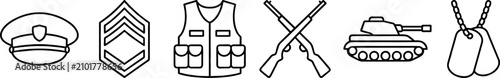 Fotografie Military Rank and Tactical Combat Equipment Outline Icon Set with Officer Caps I