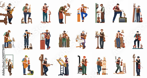Fotografie Illustration set of a male violin maker and luthier crafting, playing, and maintaining violins, accompanied by owls in vintage workshop settings