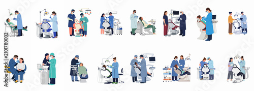Flat vector illustration set of various dental procedures, showing dentists and assistants treating patients in modern clinic settings.