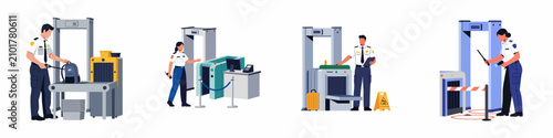 Set of airport security checkpoint illustrations featuring guards, luggage scanners, and metal detectors for safety and screening procedures.