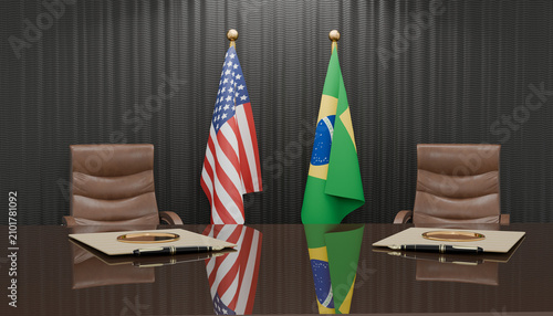 Diplomatic Meeting: The American and Brazilian flags stand tall on either side of a polished table, symbolizing international relations and diplomatic discussions in a formal meeting room.