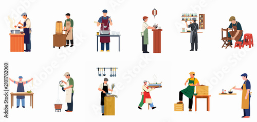 Foto Flat vector illustration set of male characters preparing, cooking, and serving traditional Asian street food, including noodles, dim sum, and soup