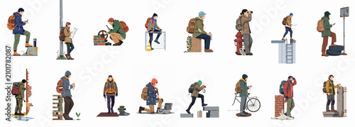 Φωτογραφία Set of diverse urban explorers and adventurers with backpacks engaged in various activities like navigating, photographing, and exploring ruins on a white background