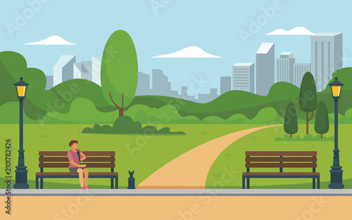Vector illustration of a lone person sitting on a bench in a city park