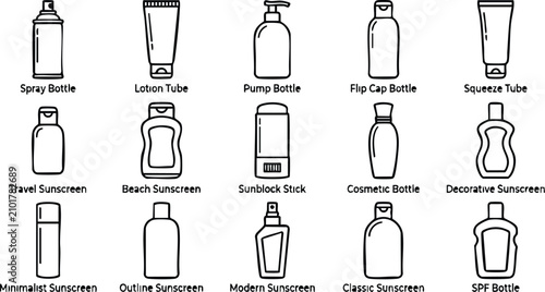 Set of fifteen black and white sunscreen and skincare bottle featuring various shapes, caps, and spray dispensers on white background