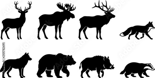 Photography Wild Forest Animal Silhouette Collection Vector Set with Deer Moose Elk Fox Wolf
