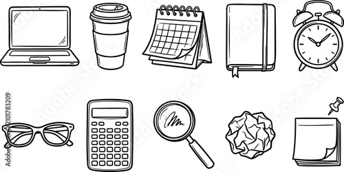 Φωτογραφία Office Workspace and Business Productivity Doodle Icon Set with Laptop Coffee Cu