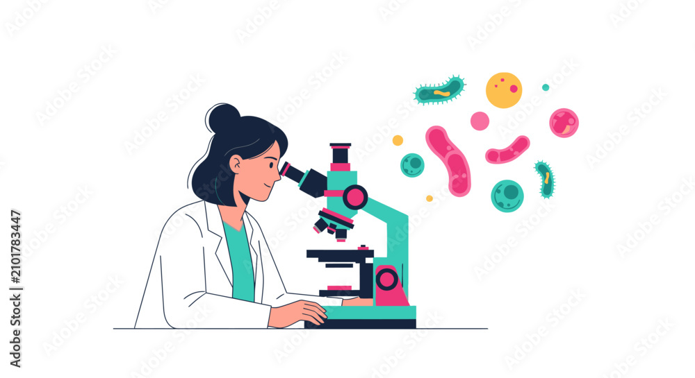 Fototapeta premium Female Scientist Conducting Microbiological Research with Microscope Vector Illustration