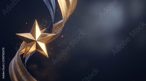 Elegant golden star with sparkling blue and gold ribbons on a dark background, ideal for awards ceremonies, corporate recognition