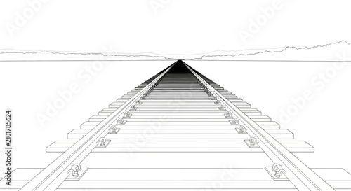 Railway tracks are illustrated in a simple black and white line drawing style showing a vanishing point.