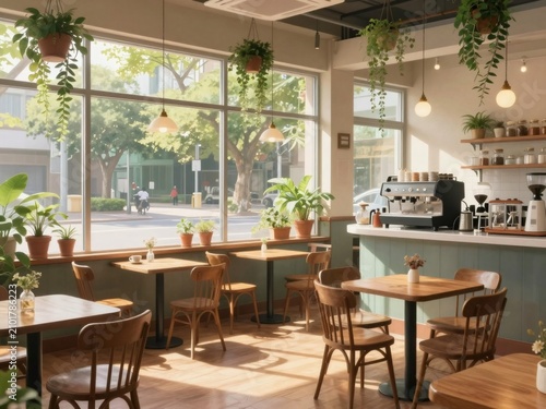 Coffee shop interior with tables and large windows