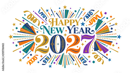 Konstfotografi New Year Celebration 2027: A vibrant and festive graphic design proclaims Happy New Year 2027 with an explosion of colorful fireworks, confetti, and swirling ribbons