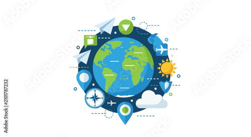 Global Travel and Tourism Concept Illustration with Earth Globe and Adventure Icons