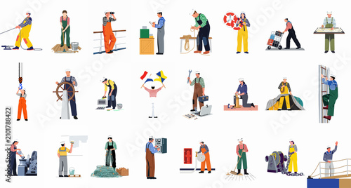 Canvas Print Flat illustration set of maritime workers, sailors, and deckhands performing various shipboard tasks and duties isolated on a white background