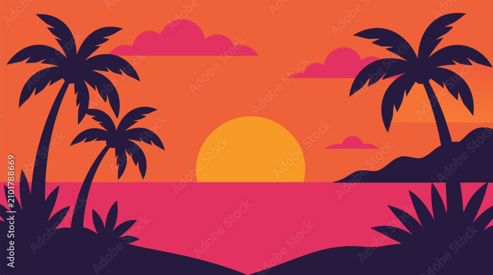 Fototapeta premium Tropical sunset vector illustration with silhouetted palm trees, calm magenta ocean, glowing golden sun, coral sky, island hills and retro vacation paradise mood for travel posters and summer branding