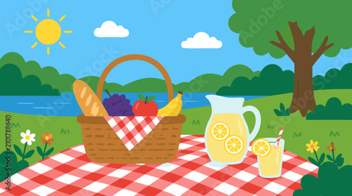 Sunny picnic scene on red and white checkered blanket with wicker basket, fruit, bread and lemonade jug, cheerful flat vector park illustration for summer leisure, family outings and weekend fun