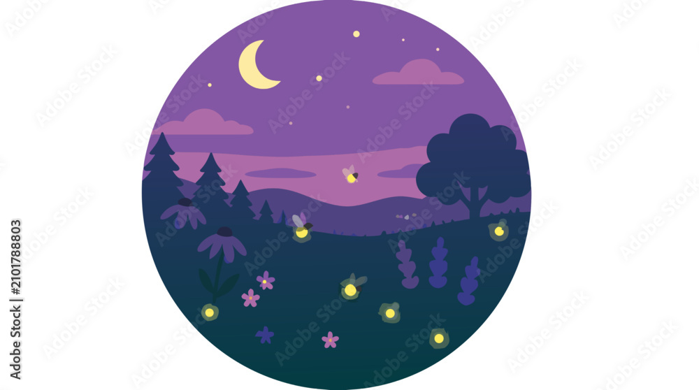 Obraz premium Dreamy dusk meadow vector landscape with glowing fireflies, crescent moon, purple twilight hills, wildflowers and silhouettes, calm magical night nature scene for peaceful seasonal designs