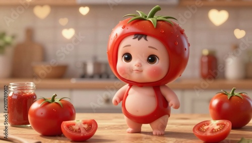Adorable baby character wearing tomato costume in kitchen