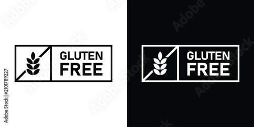 Tableau sur toile Rectangular allergen free sign with a slashed wheat icon and gluten free text, formatted in minimalist black and white vector graphics