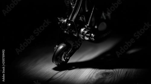 Close up of a chair wheel in monochrome lighting on wooden surface