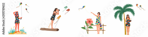 Set of flat illustrations featuring a woman enjoying summer beach activities like flying kites, taking photos, and relaxing under a palm tree.