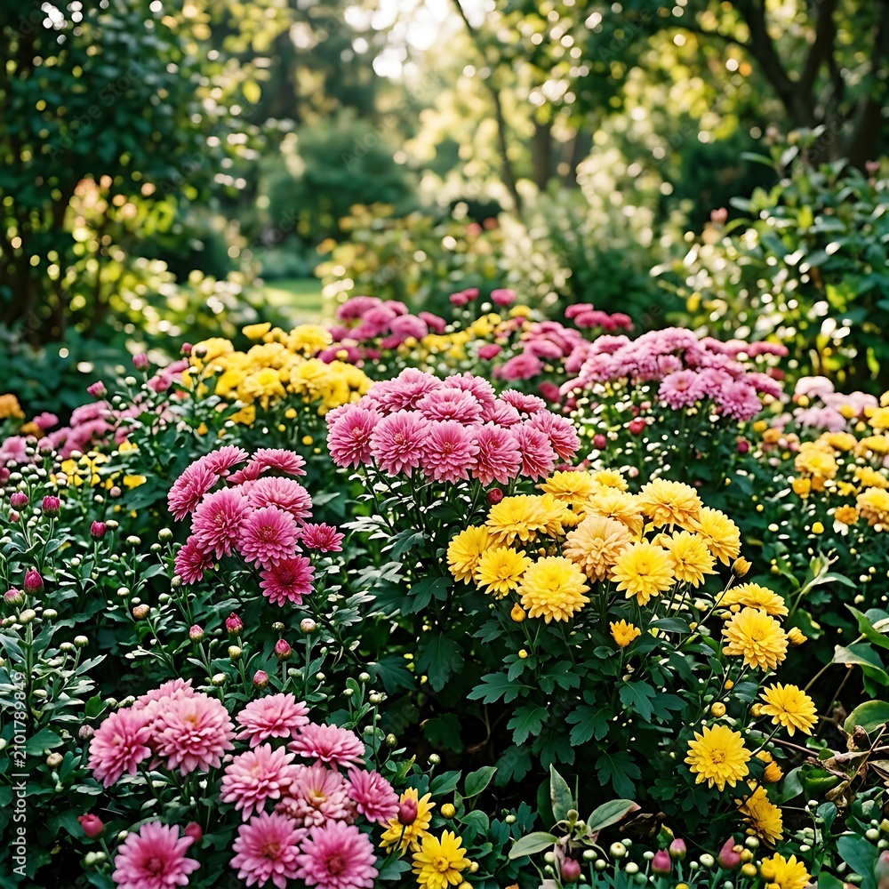 Obraz premium Pink and yellow flowers in garden bed.