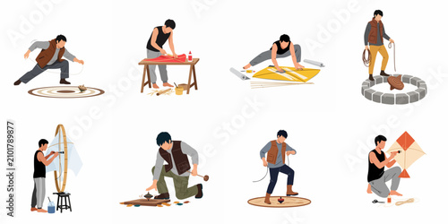 Illustration set of Asian men crafting traditional kites and playing with spinning tops, showcasing cultural hobbies and artisanal skills in a flat vector style.