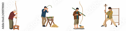 Obraz na płótnie Collection of illustrations depicting men performing traditional Japanese crafts, such as bow making, bamboo wood carving, and playing the shamisen