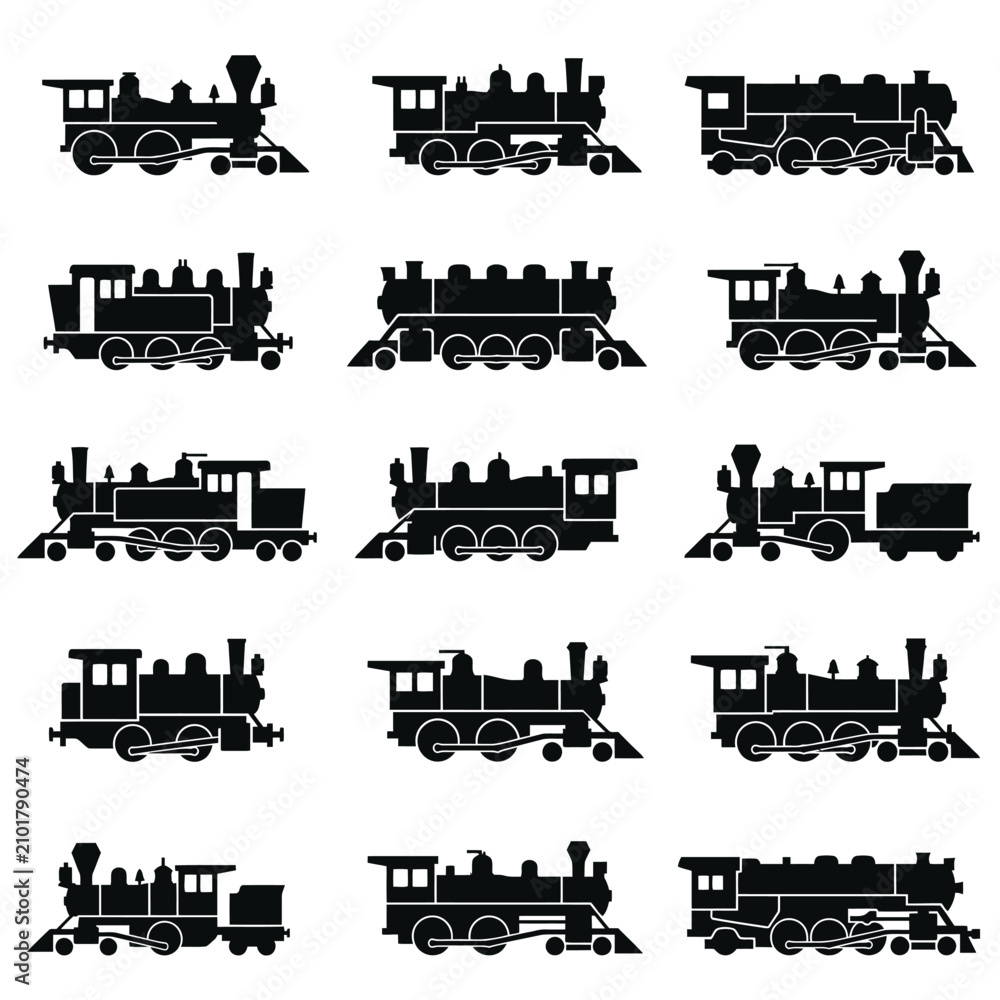 Obraz premium Collection of vintage steam locomotive silhouettes for transportation and industrial themes