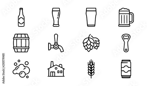 Tableau sur toile Craft beer brewing and brewery linear icon set featuring glass mug bottle alumin