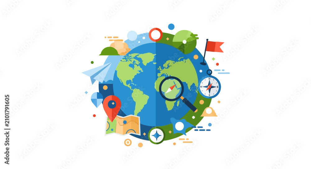 Naklejka premium Global Travel and World Exploration Concept Illustration with Earth Globe and Navigation Icons - Map, Compass, Magnifying Glass, and Location Pin on White Background