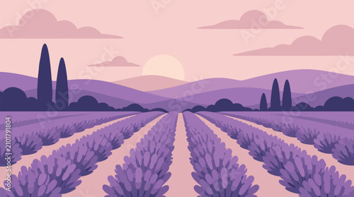 Pastel lavender rows leading to rolling hills at dawn, soft pink sky, rising sun, cypress silhouettes and tranquil countryside perspective in a dreamy minimalist vector landscape scene