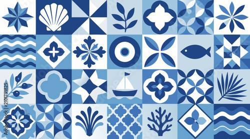 Ocean blue Mediterranean mosaic tile pattern with geometric squares, floral motifs, shells, waves, fish, sailboat, coral and ceramic azulejo style for fresh seamless vector background design