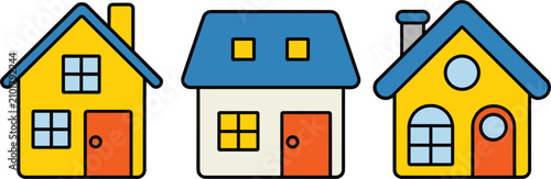 Foto Colorful house icon set, flat line filled cartoon cottage residential home build