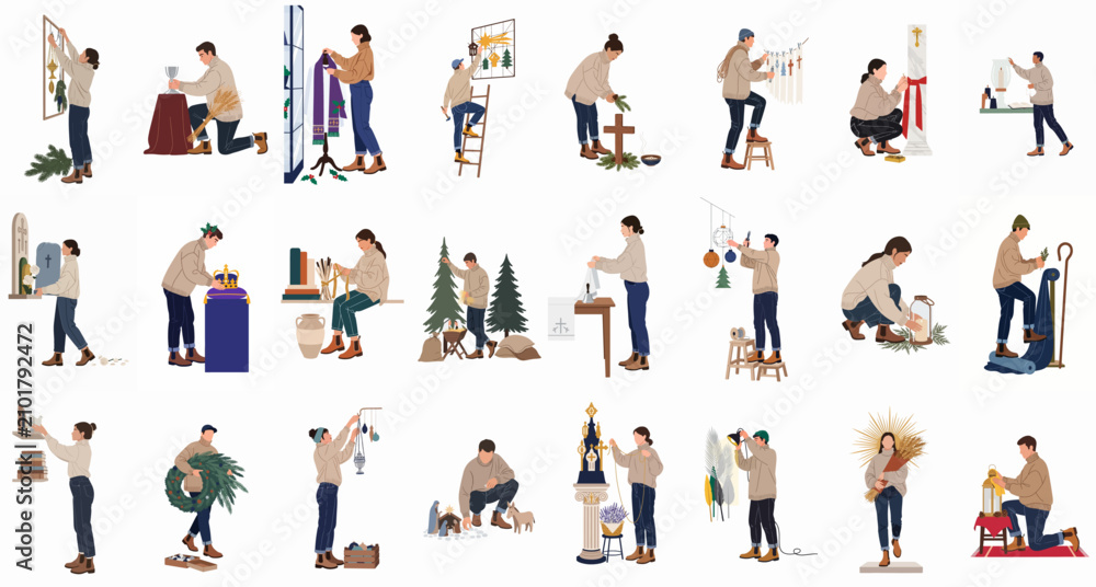 Fototapeta premium Illustration collection of people preparing and decorating a church for various religious services, liturgical seasons, and Christian holidays.