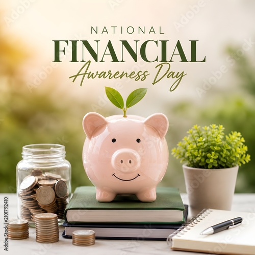 National financial awareness day piggy bank with money