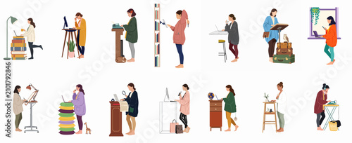 Fotografía Set of diverse women working from home using creative and improvised standing desks in a modern, flat illustration style