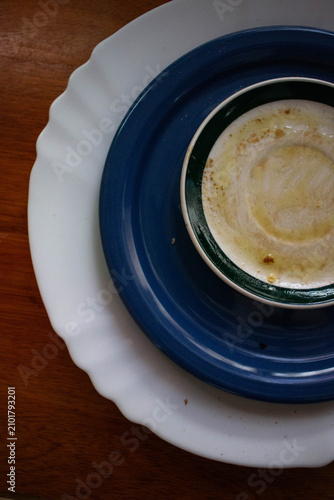 Dirty dishes after lunch contrast colors