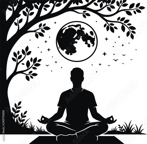 Man silhouette meditating on mat under tree with full moon for spiritual wellness mindfulness branding and nighttime relaxation marketing