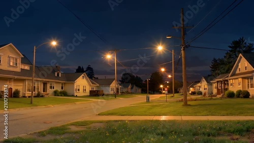 A gorgeous high resolution 4K time lapse recording a quiet suburban street transitioning from a warm orange sunset to a deep blue twilight as house windows and streetlamps begin to glow