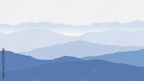 Foto Layered mountain silhouettes in shades of blue create a minimalist vector illust
