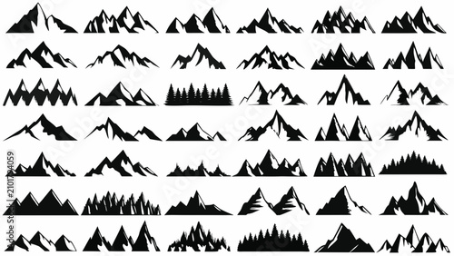 Konstfotografi Mountain Silhouette Icon Set With Forty Variations On A White Background alpine