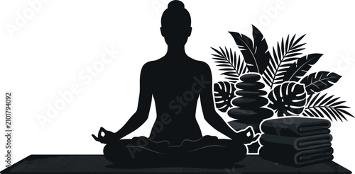 Woman Meditating on Yoga Mat with Spa Stones and Towels for Wellness, Relaxation Branding, and Self-Care Spa Designs