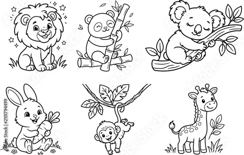 Photography Kids animal coloring book pages bundle with cute lion panda koala rabbit monkey