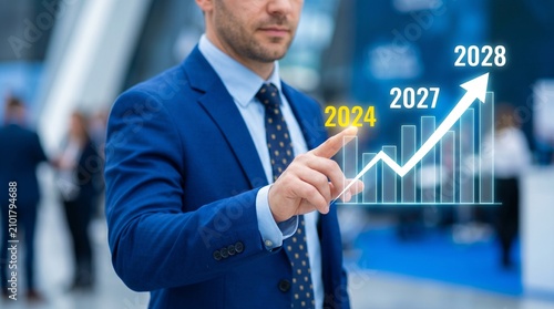 Businessman pointing at holographic growth chart with 2024 to 2028 projections in modern office
