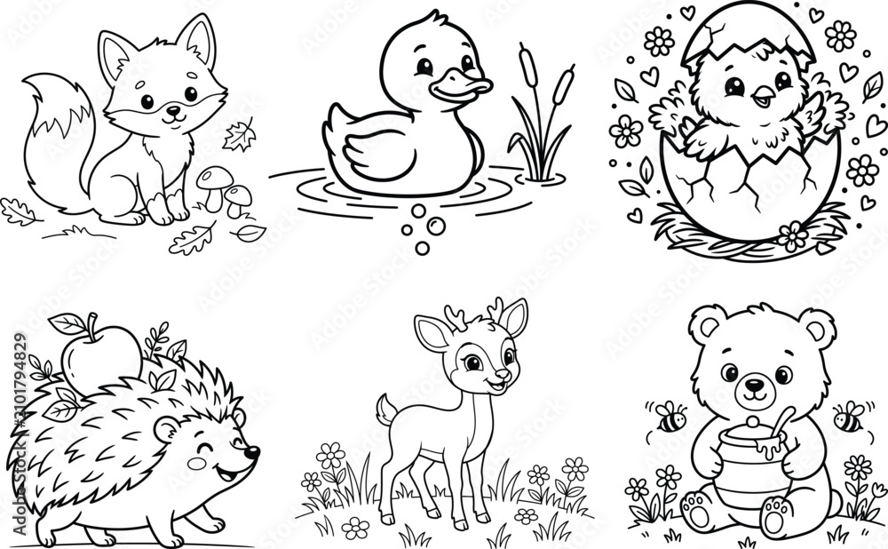 Naklejka premium Cute animal coloring book pages vector bundle for kids featuring fox duck chick hedgehog deer bear