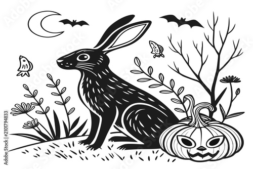 coloring page line art halloween the rabbit animal black vector